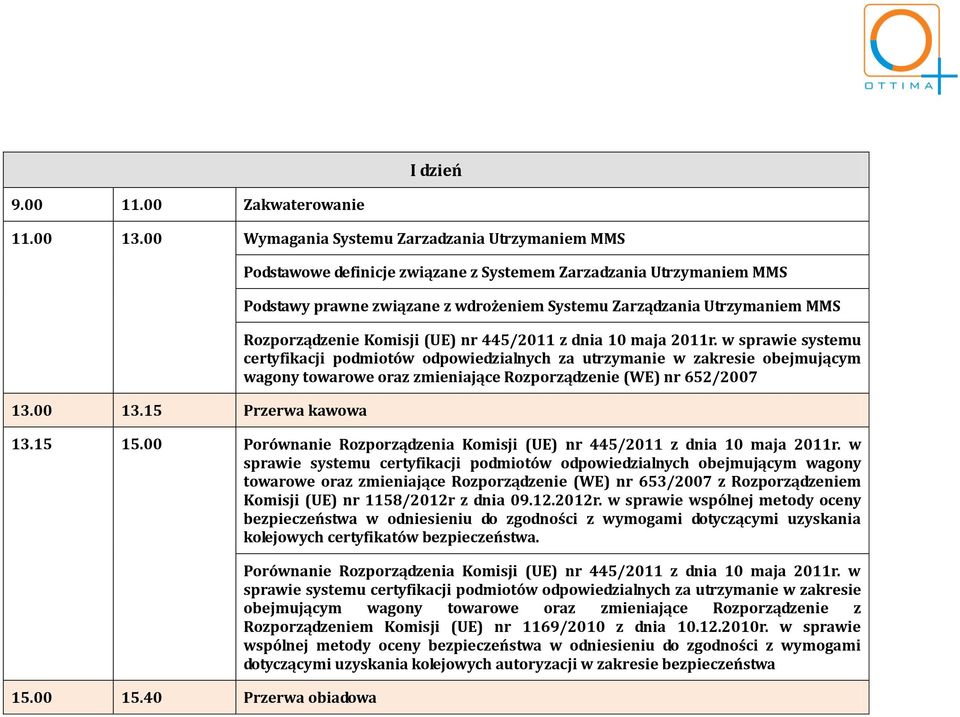 15 Przerwa kawowa Podstawowe definicje związane z Systemem Zarzadzania Utrzymaniem MMS Podstawy prawne związane z wdrożeniem Systemu Zarządzania Utrzymaniem MMS Rozporządzenie Komisji (UE) nr