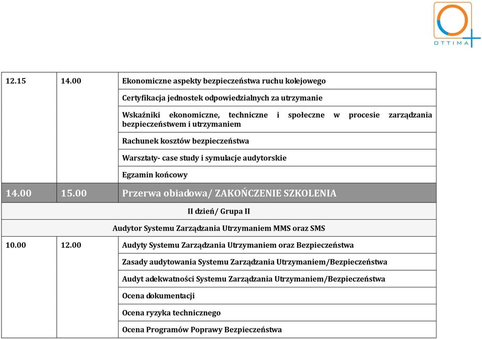 bezpieczeństwem i utrzymaniem Rachunek kosztów bezpieczeństwa Warsztaty- case study i symulacje audytorskie Egzamin końcowy 14.00 15.