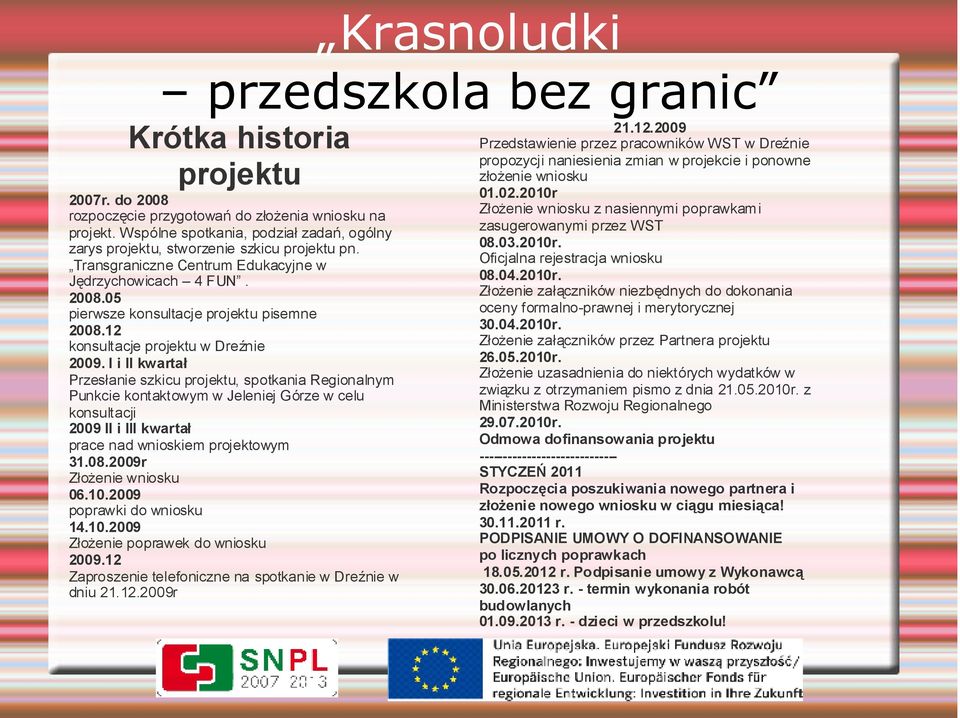 I i II kwartał Przesłanie szkicu projektu, spotkania Regionalnym Punkcie kontaktowym w Jeleniej Górze w celu konsultacji 2009 II i III kwartał prace nad wnioskiem projektowym 31.08.