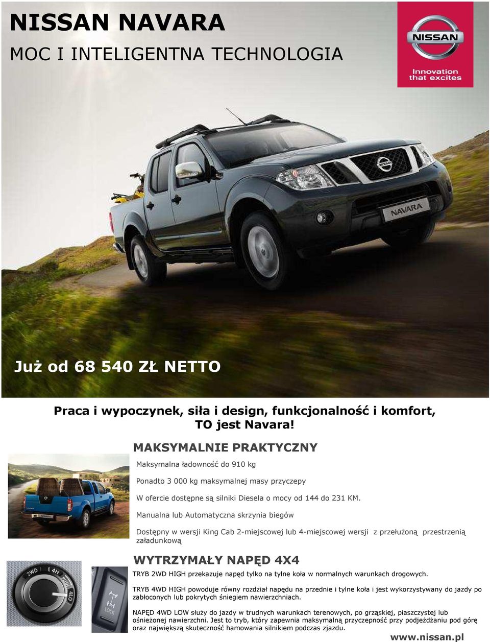 Manualna lub Automatyczna skrzynia biegów Dostępny w wersji King Cab 2miejscowej lub 4miejscowej wersji z przełużoną przestrzenią załadunkową WYTRZYMAŁY NAPĘD 4X4 TRYB 2WD HIGH przekazuje napęd tylko