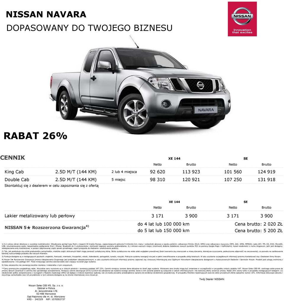 3 900 NISSAN 5 Rozszerzona Gwarancja 4) do 4 lat lub 100 000 km do 5 lat lub 150 000 km Cena brutto: 2 020 ZŁ Cena brutto: 5 200 ZŁ 1) 6,1calowy ekran dotykowy o wysokiej rozdzielczości; Wbudowana