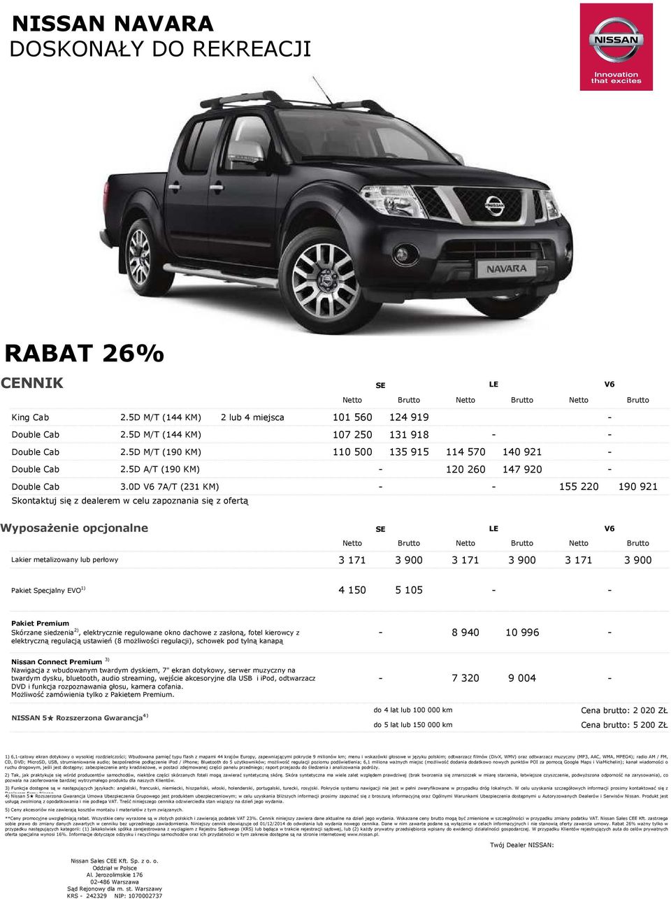 0D V6 7A/T (231 KM) 155 220 190 921 Skontaktuj się z dealerem w celu zapoznania się z ofertą Wyposażenie opcjonalne Lakier metalizowany lub perłowy SE LE V6 Netto Brutto Netto Brutto Netto Brutto 3