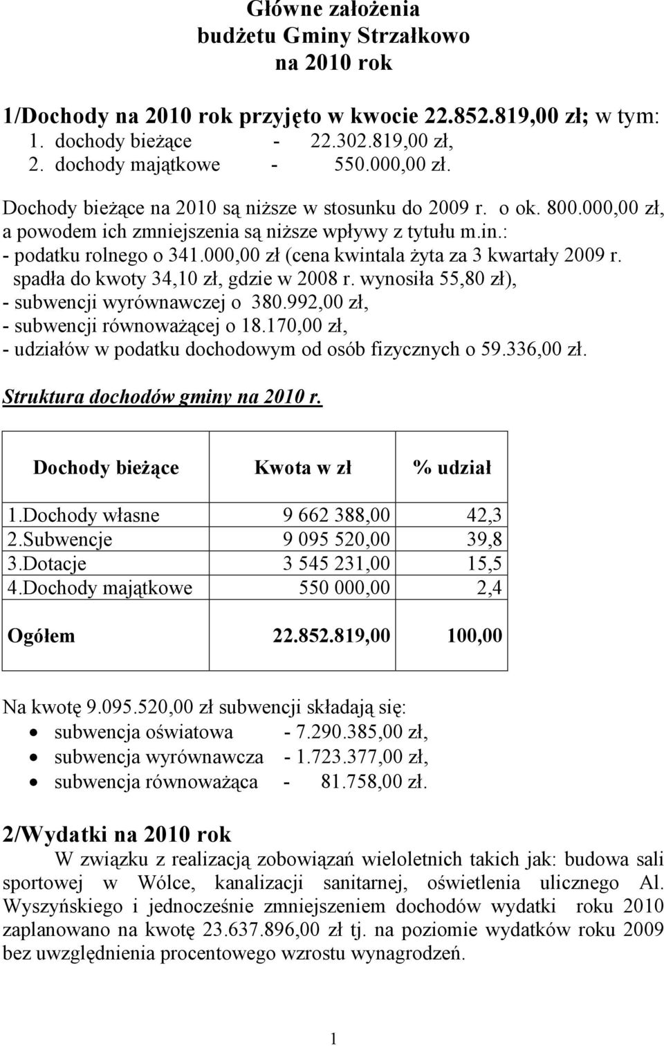 000,00 zł (cena kwintala Ŝyta za 3 kwartały 2009 r. spadła do kwoty 34,10 zł, gdzie w 2008 r. wynosiła 55,80 zł), - subwencji wyrównawczej o 380.992,00 zł, - subwencji równowaŝącej o 18.