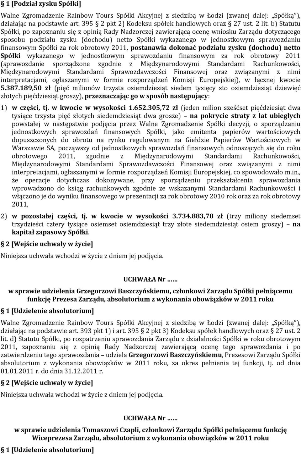 finansowym Spółki za rok obrotowy 2011, postanawia dokonać podziału zysku (dochodu) netto Spółki wykazanego w jednostkowym sprawozdaniu finansowym za rok obrotowy 2011 (sprawozdanie sporządzone