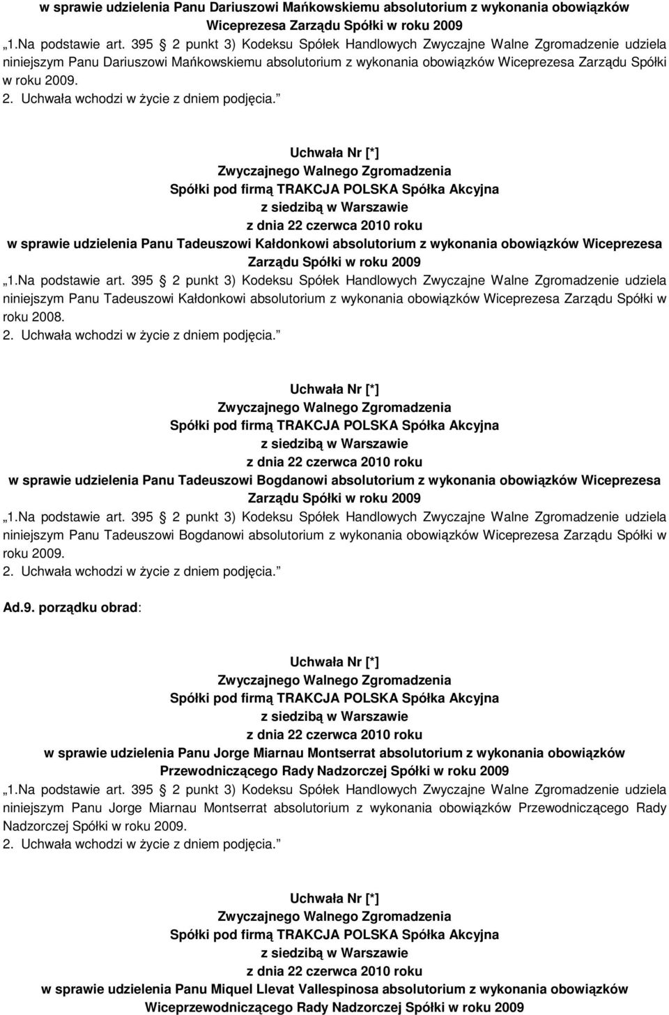 w sprawie udzielenia Panu Tadeuszowi Kałdonkowi absolutorium z wykonania obowiązków Wiceprezesa Zarządu Spółki w roku 2009 niniejszym Panu Tadeuszowi Kałdonkowi absolutorium z wykonania obowiązków