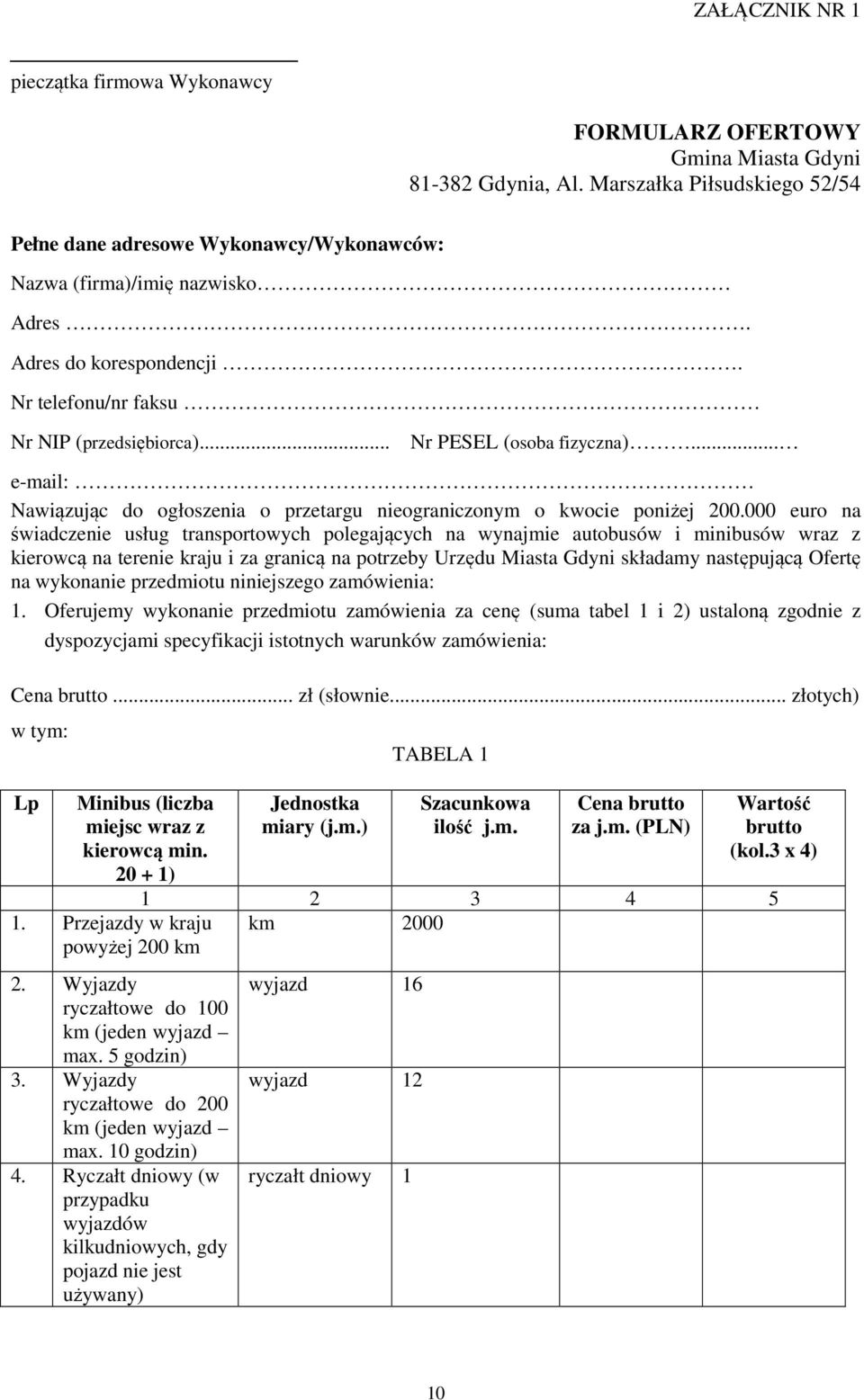 .. Nr PESEL (osoba fizyczna)... e-mail: Nawiązując do ogłoszenia o przetargu nieograniczonym o kwocie poniżej 200.