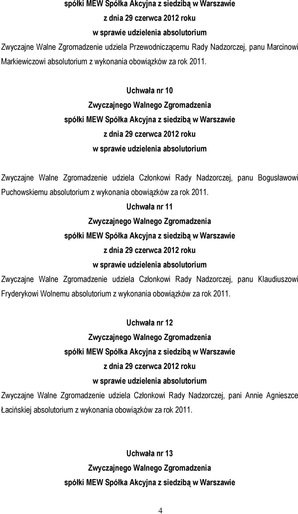 Uchwała nr 11 Zwyczajne Walne Zgromadzenie udziela Członkowi Rady Nadzorczej, panu Klaudiuszowi Fryderykowi Wolnemu absolutorium z wykonania obowiązków za rok