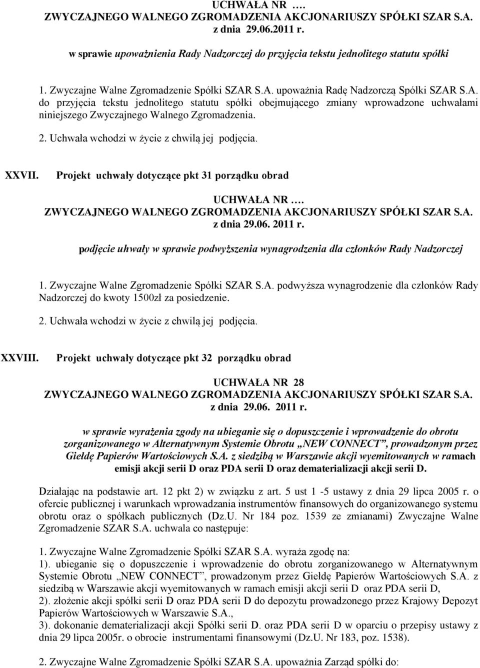 Projekt uchwały dotyczące pkt 31 porządku obrad podjęcie uhwały w sprawie podwyższenia wynagrodzenia dla członków Rady Nadzorczej 1. Zwyczajne Walne Zgromadzenie Spółki SZAR