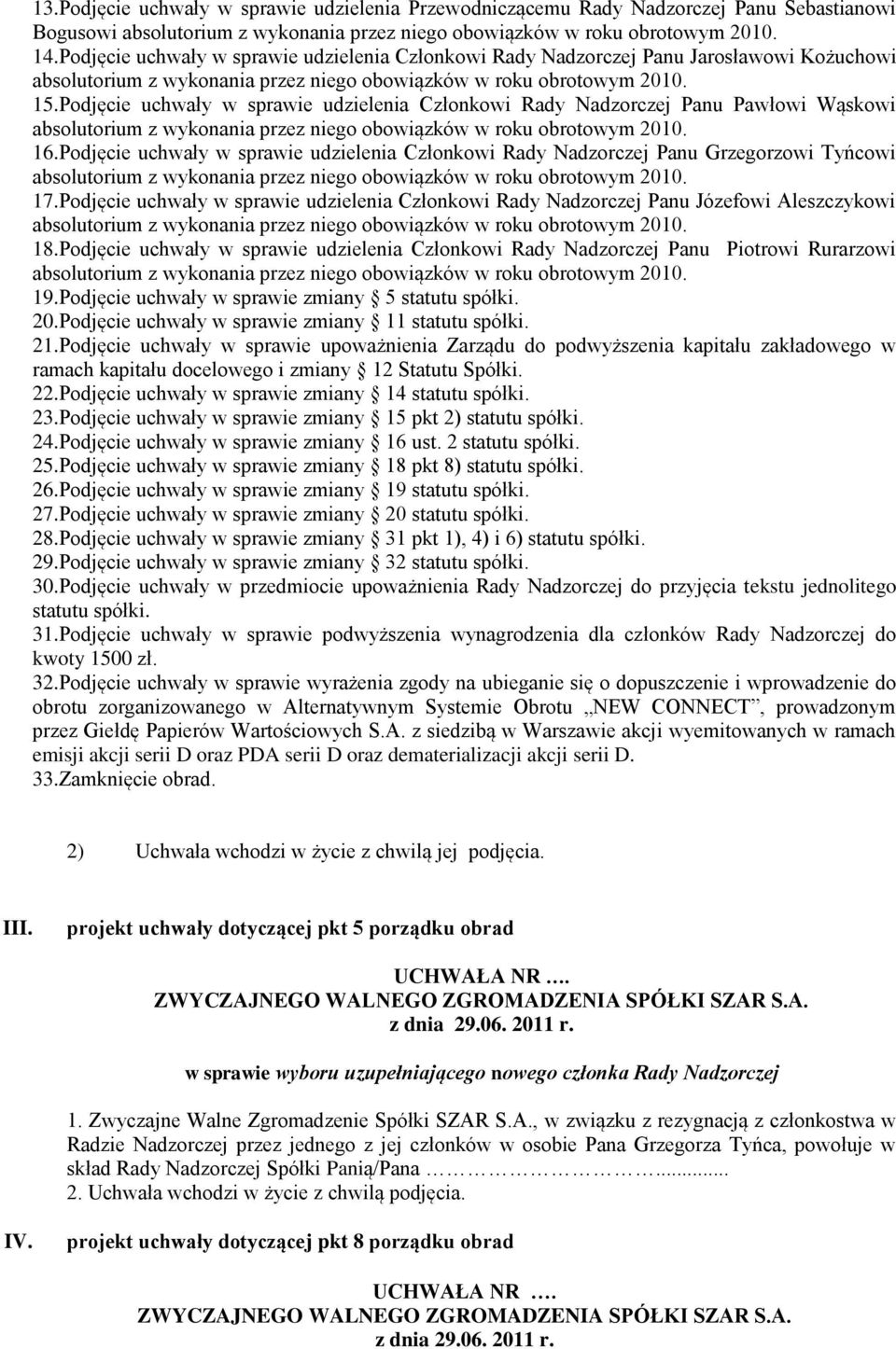 Podjęcie uchwały w sprawie udzielenia Członkowi Rady Nadzorczej Panu Józefowi Aleszczykowi 18.Podjęcie uchwały w sprawie udzielenia Członkowi Rady Nadzorczej Panu Piotrowi Rurarzowi 19.