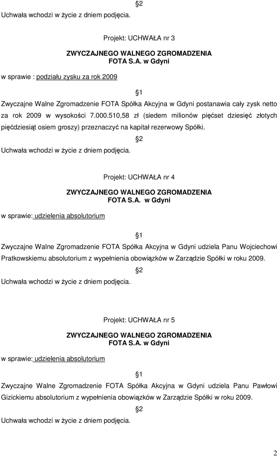 Projekt: UCHWA A nr 4 Zwyczajne Walne Zgromadzenie FOTA Spó ka Akcyjna w Gdyni udziela Panu Wojciechowi Pratkowskiemu absolutorium z wype nienia obowi zków w Zarz