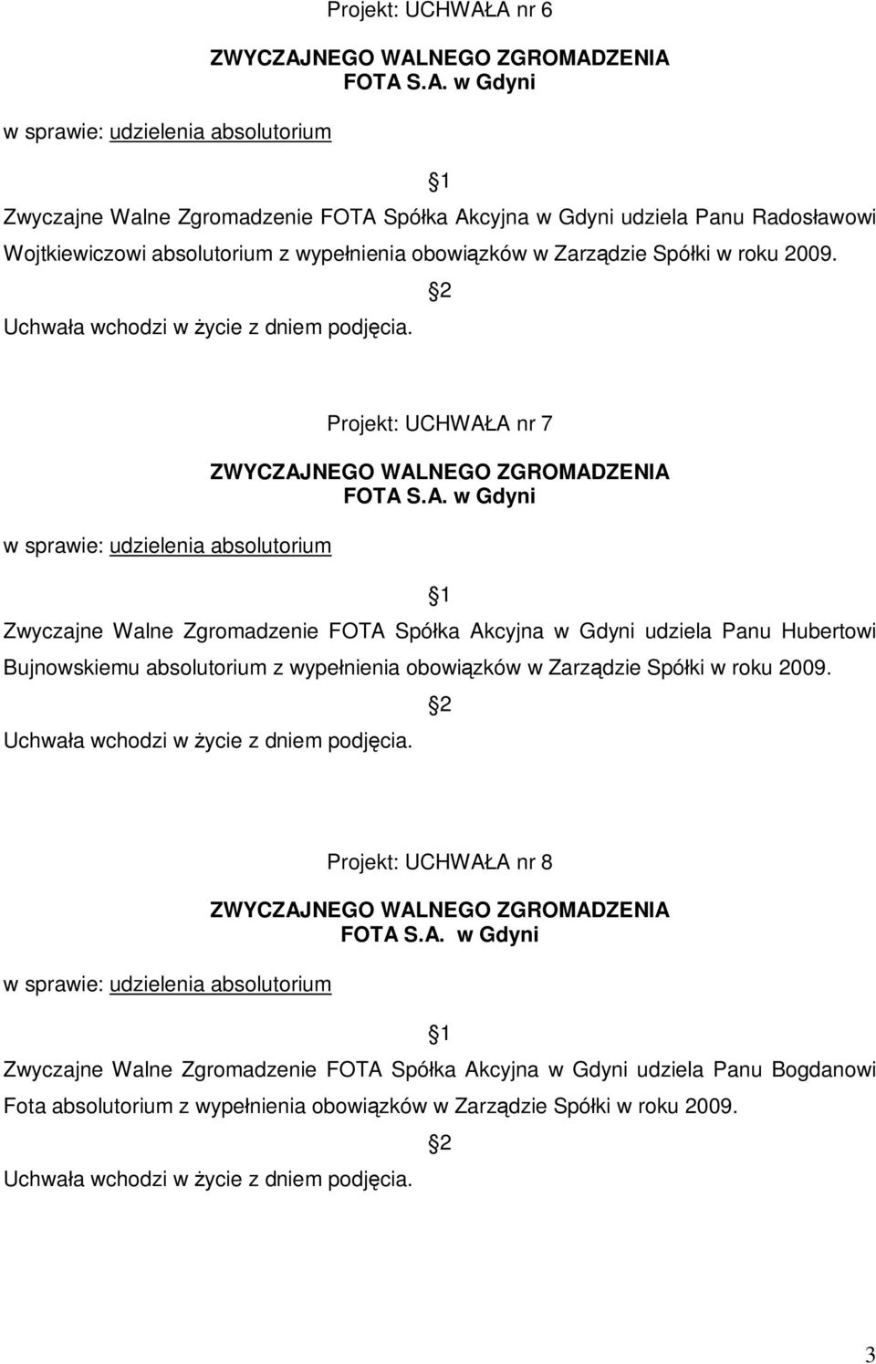 Projekt: UCHWA A nr 7 Zwyczajne Walne Zgromadzenie FOTA Spó ka Akcyjna w Gdyni udziela Panu Hubertowi Bujnowskiemu absolutorium z 