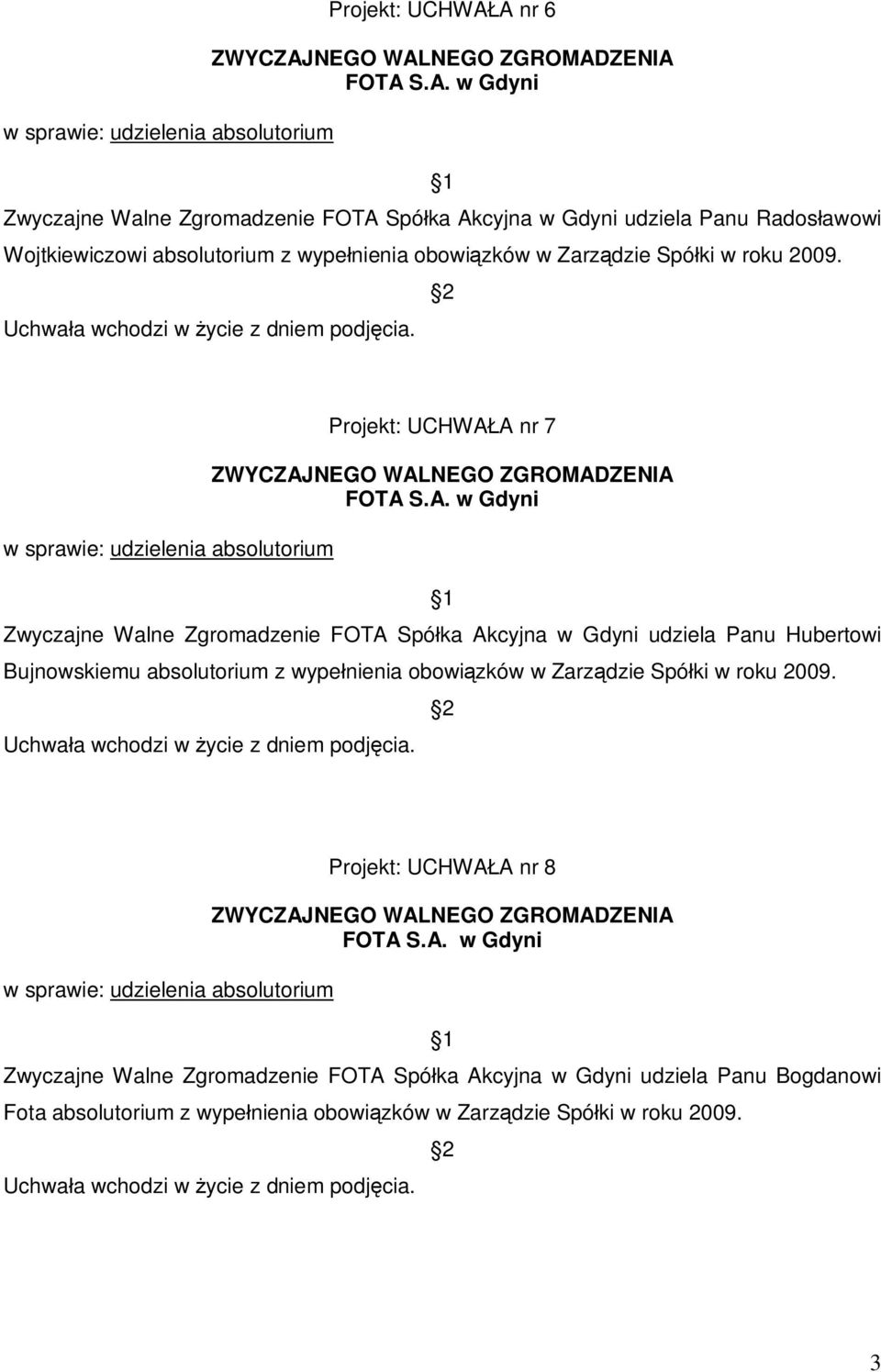 Projekt: UCHWA A nr 7 Zwyczajne Walne Zgromadzenie FOTA Spó ka Akcyjna w Gdyni udziela Panu Hubertowi Bujnowskiemu absolutorium z 