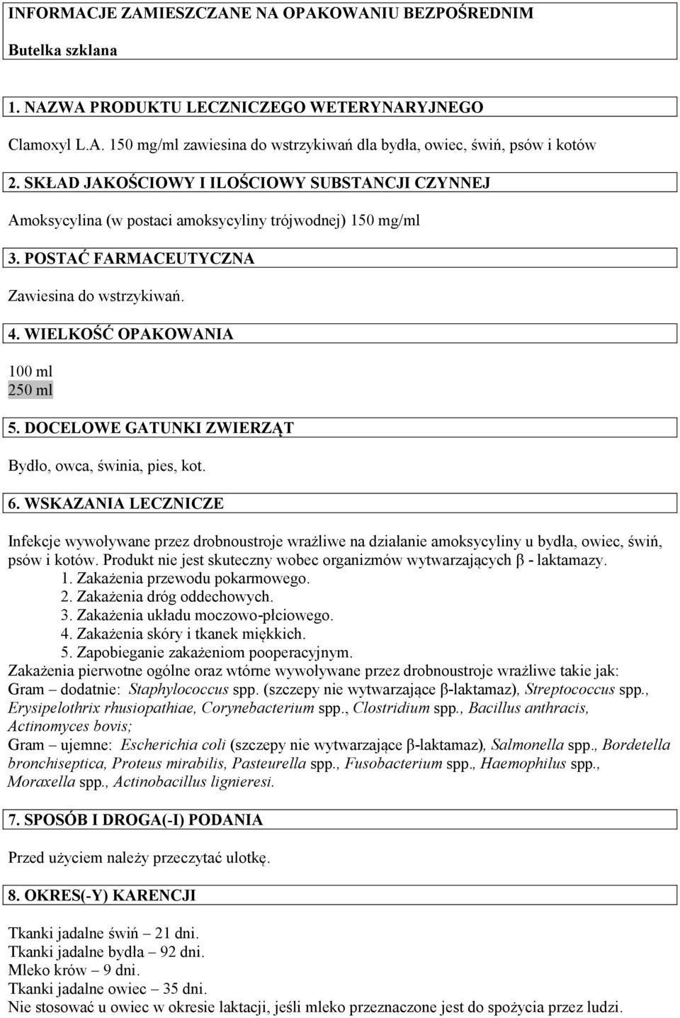 DOCELOWE GATUNKI ZWIERZĄT Bydło, owca, świnia, pies, kot. 6. WSKAZANIA LECZNICZE Infekcje wywoływane przez drobnoustroje wrażliwe na działanie amoksycyliny u bydła, owiec, świń, psów i kotów.