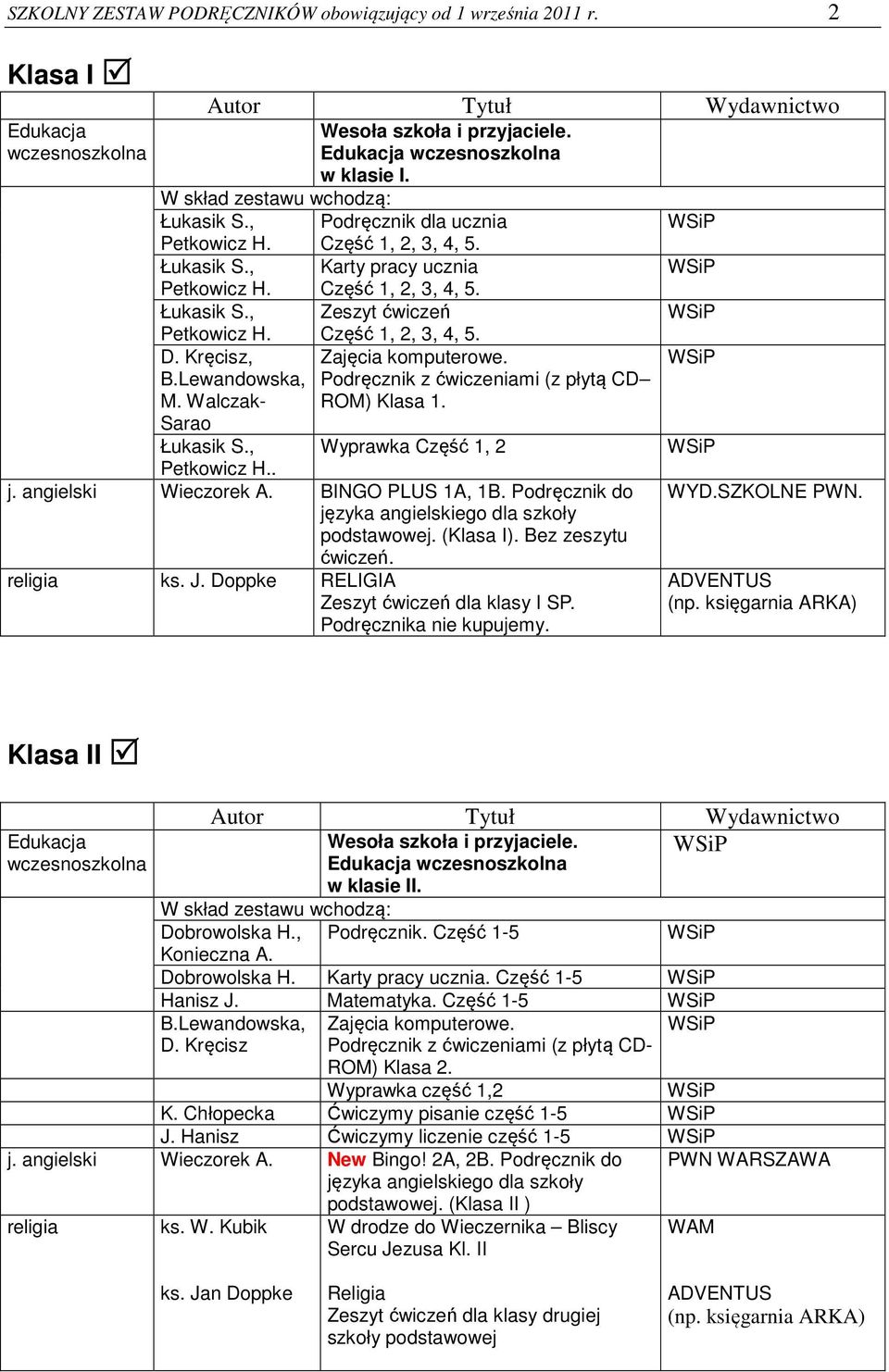Kręcisz, B.Lewandowska, M. Walczak- Sarao Część 1, 2, 3, 4, 5. Zajęcia komputerowe. Podręcznik z ćwiczeniami (z płytą CD ROM) Klasa 1. Łukasik S., Wyprawka Część 1, 2 Petkowicz H.. j.