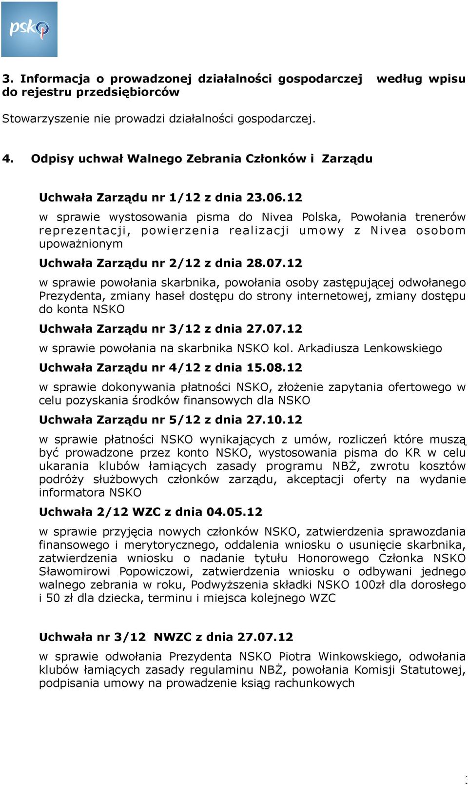 12 w sprawie wystosowania pisma do Nivea Polska, Powołania trenerów reprezentacji, powierzenia realizacji umowy z Nivea osobom upoważnionym Uchwała Zarządu nr 2/12 z dnia 28.07.