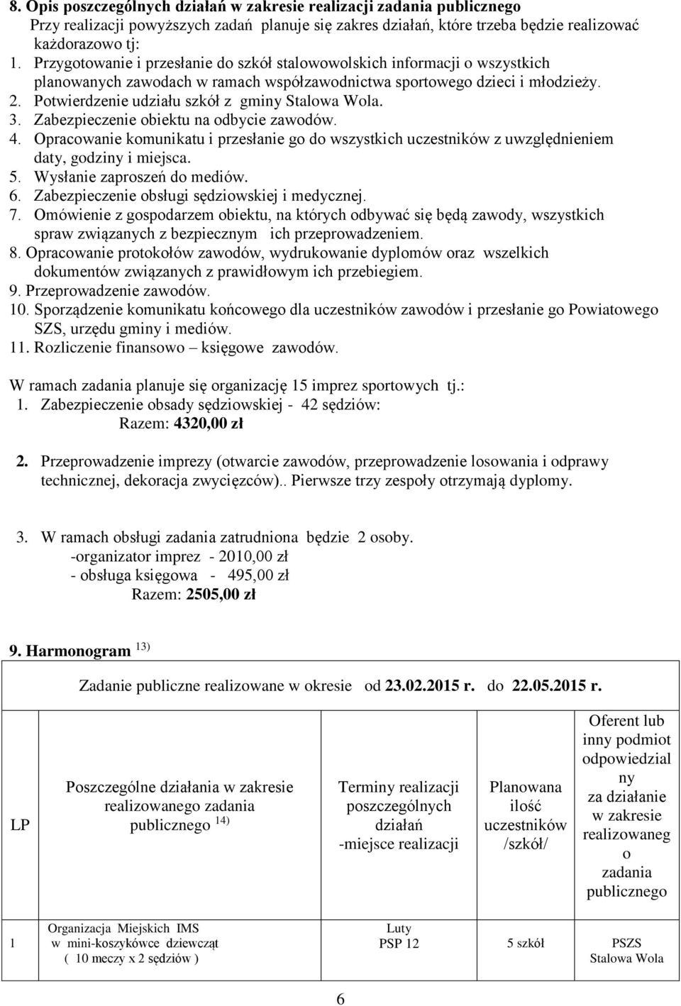 Zabezpieczenie obiektu na odbycie zawodów. 4. Opracowanie komunikatu i przesłanie go do wszystkich uczestników z uwzględnieniem daty, godziny i miejsca. 5. Wysłanie zaproszeń do mediów. 6.