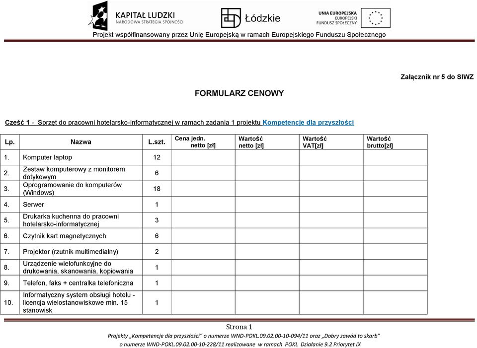 Projektor (rzutnik multimedialny) 2 8. Urządzenie wielofunkcyjne do drukowania, skanowania, kopiowania 9. Telefon, faks + centralka telefoniczna 0.