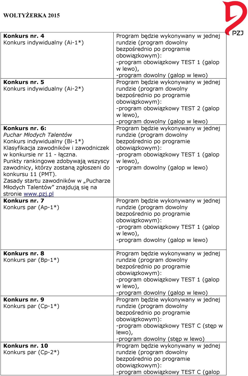 Punkty rankingowe zdobywają wszyscy zawodnicy, którzy zostaną zgłoszeni do konkursu 11 (PMT).