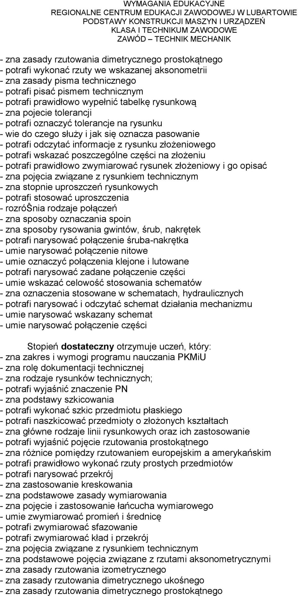 rysunkowych - rozróŝnia rodzaje połączeń - zna sposoby rysowania gwintów, śrub, nakrętek - potrafi narysować połączenie śruba-nakrętka - umie narysować połączenie nitowe - umie oznaczyć połączenia