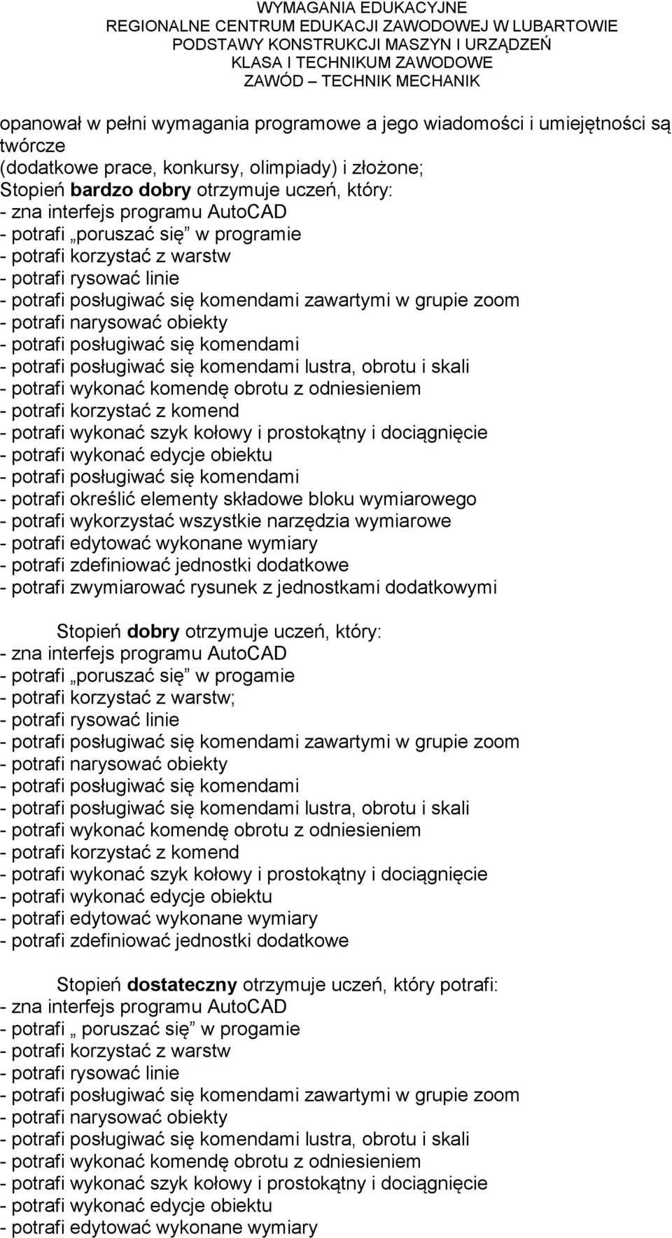 korzystać z komend - potrafi wykonać szyk kołowy i prostokątny i dociągnięcie - potrafi wykonać edycje obiektu - potrafi posługiwać się komendami - potrafi określić elementy składowe bloku