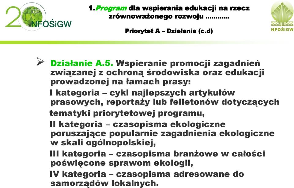 najlepszych artykułów prasowych, reportaży lub felietonów dotyczących tematyki priorytetowej programu, II kategoria czasopisma