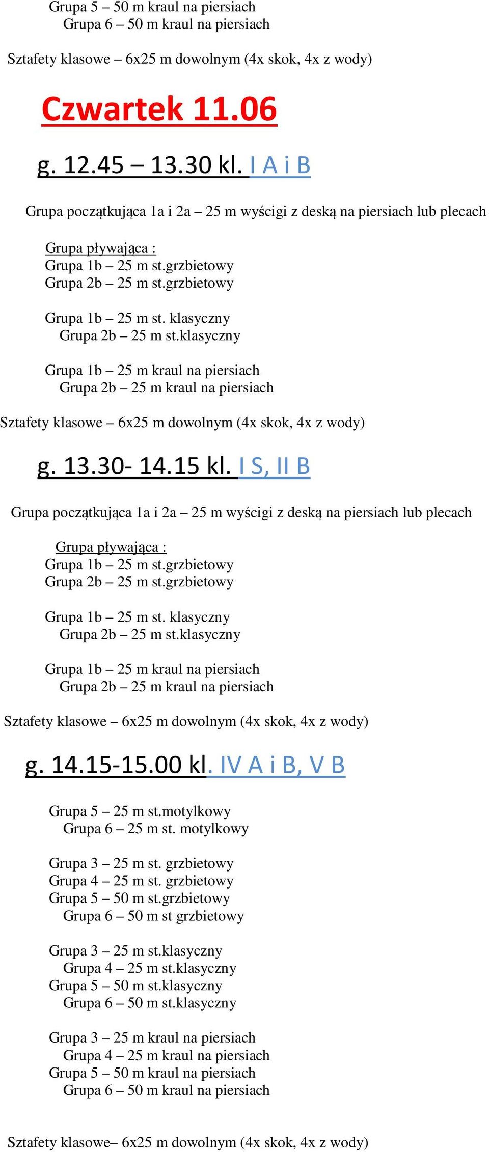 klasyczny Grupa 1b 25 m kraul na piersiach Grupa 2b 25 m kraul na piersiach g. 13.30-14.15 kl.