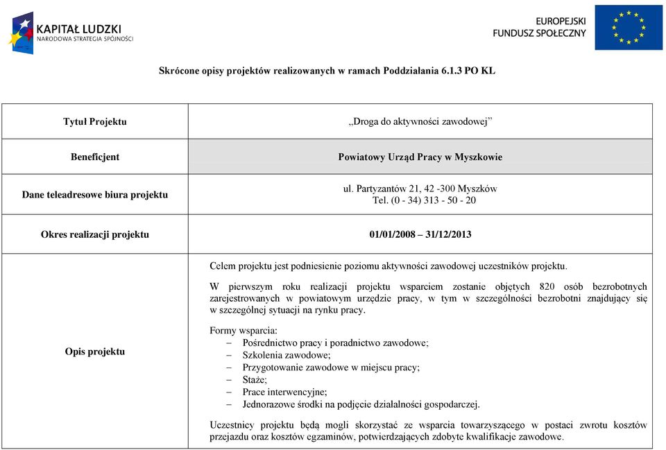 W pierwszym roku realizacji projektu wsparciem zostanie objętych 820 osób bezrobotnych zarejestrowanych w powiatowym urzędzie pracy, w tym w szczególności bezrobotni znajdujący się w szczególnej