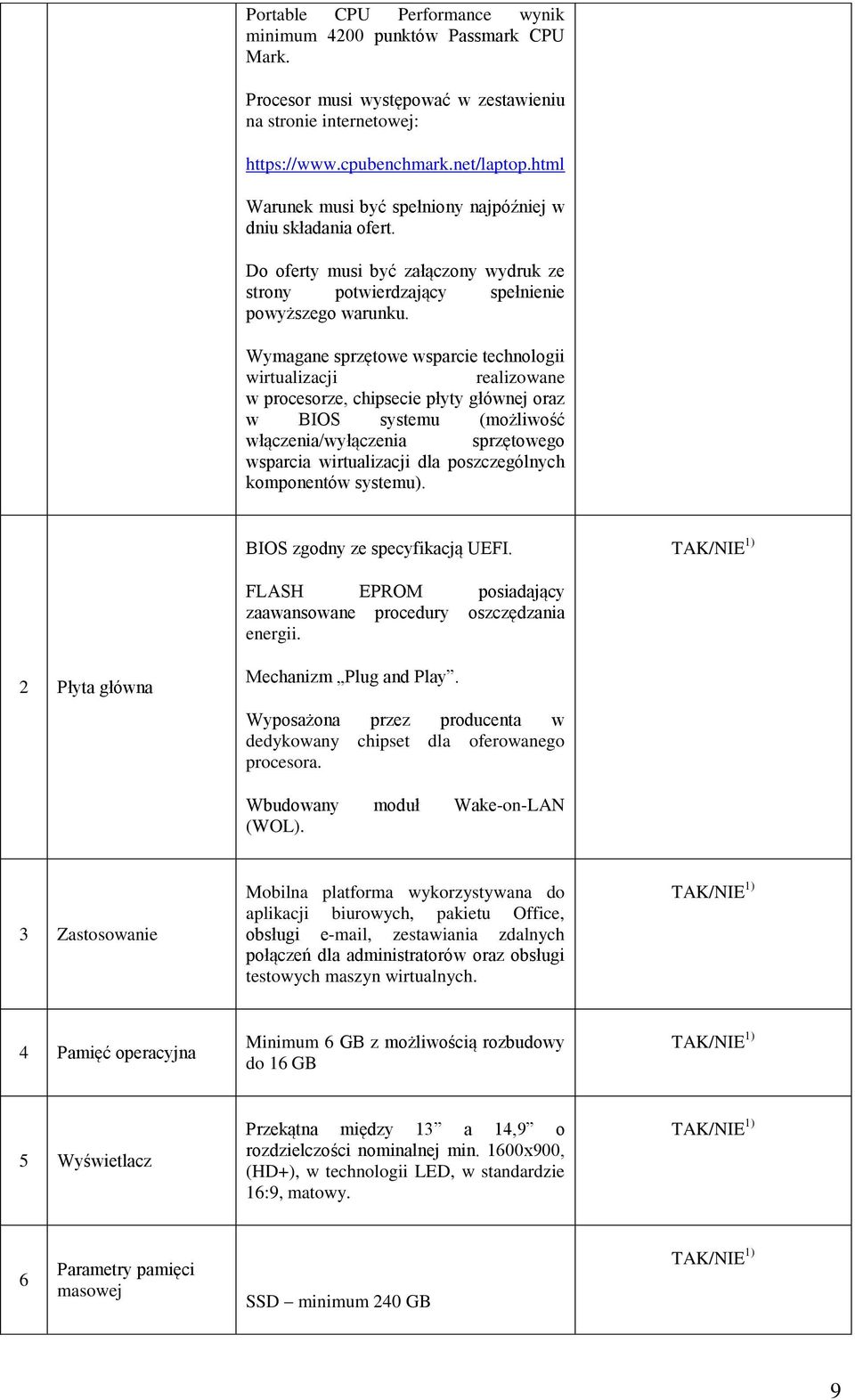 Wymagane sprzętowe wsparcie technologii wirtualizacji realizowane w procesorze, chipsecie płyty głównej oraz w BIOS systemu (możliwość włączenia/wyłączenia sprzętowego wsparcia wirtualizacji dla