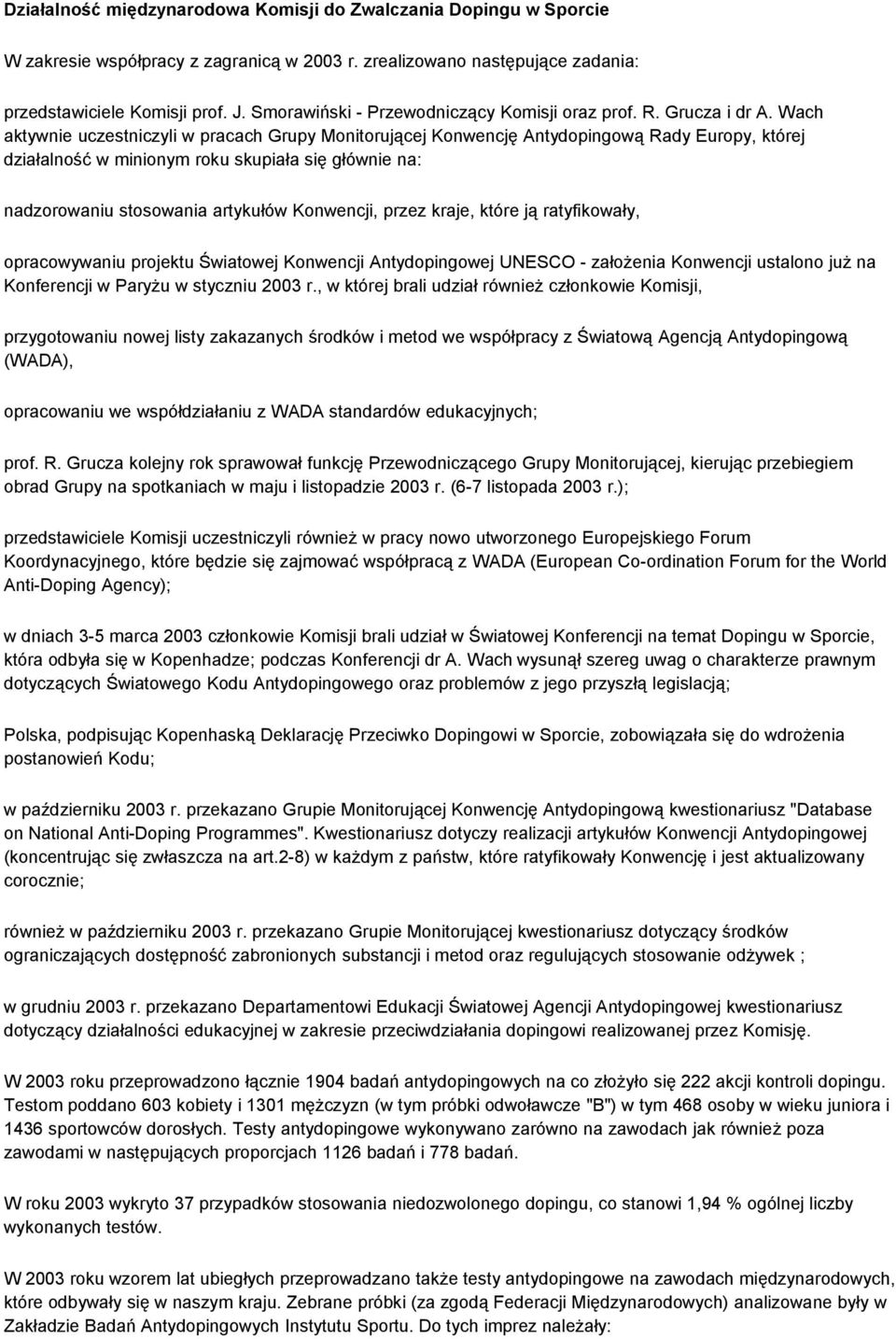 Wach aktywnie uczestniczyli w pracach Grupy Monitorującej Konwencję Antydopingową Rady Europy, której działalność w minionym roku skupiała się głównie na: nadzorowaniu stosowania artykułów Konwencji,