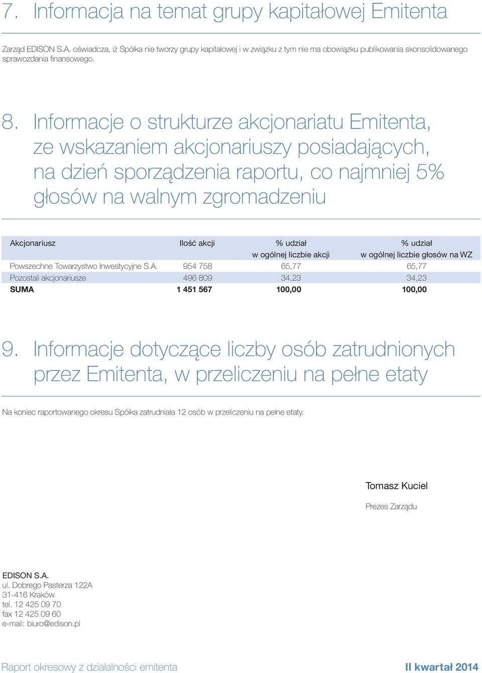 Informacje o strukturze akcjonariatu Emitenta, ze wskazaniem akcjonariuszy posiadających, na dzień sporządzenia raportu, co najmniej 5% głosów na walnym zgromadzeniu Akcjonariusz Ilość akcji % udział