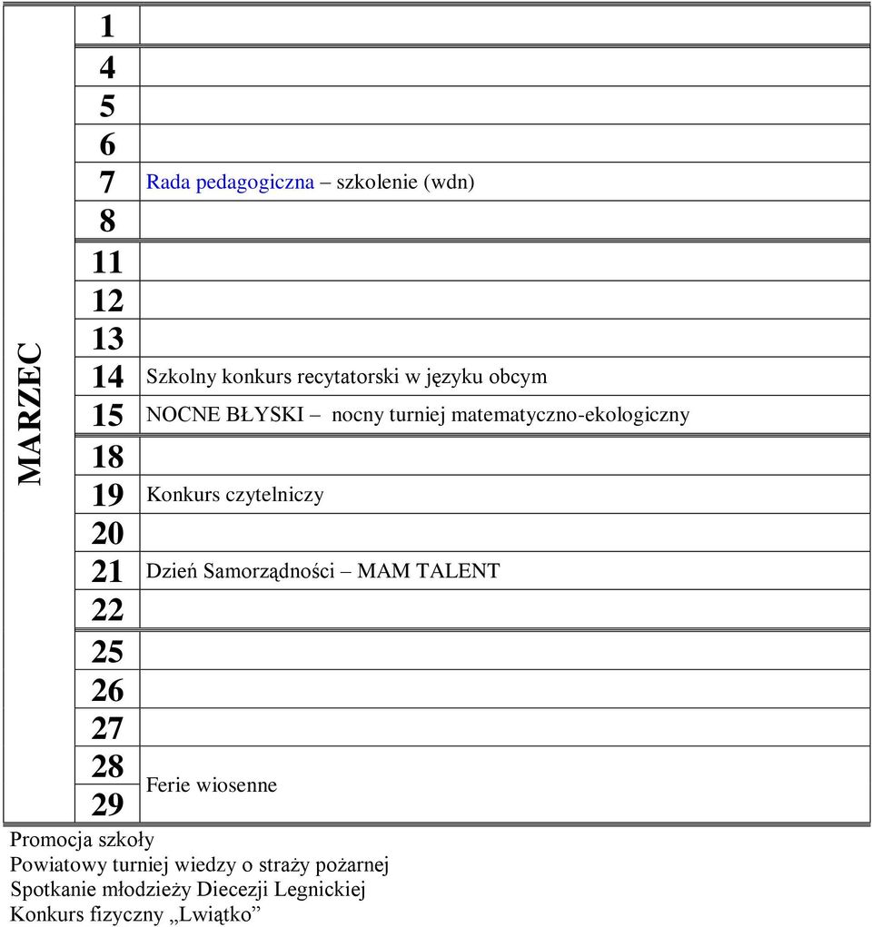 20 21 Dzień Samorządności MAM TALENT 22 2 2 Ferie wiosenne 29 Promocja szkoły Powiatowy
