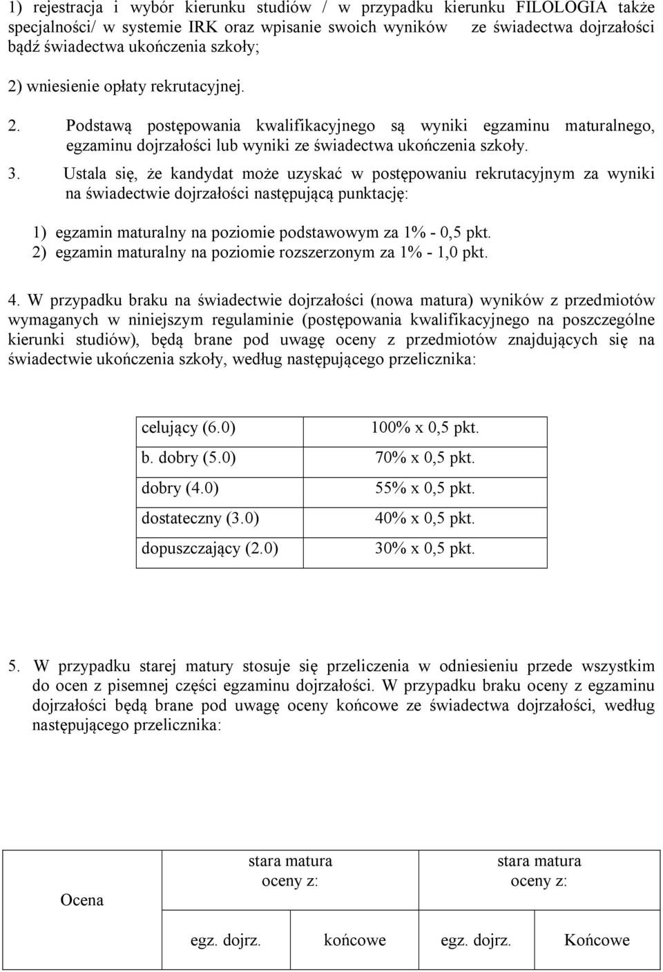 Ustala się, że kandydat może uzyskać w postępowaniu rekrutacyjnym za wyniki na świadectwie dojrzałości następującą punktację: 1) egzamin maturalny na poziomie podstawowym za 1% - 0,5 pkt.