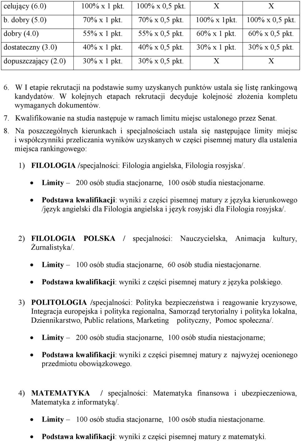 W I etapie rekrutacji na podstawie sumy uzyskanych punktów ustala się listę rankingową kandydatów. W kolejnych etapach rekrutacji decyduje kolejność złożenia kompletu wymaganych dokumentów. 7.