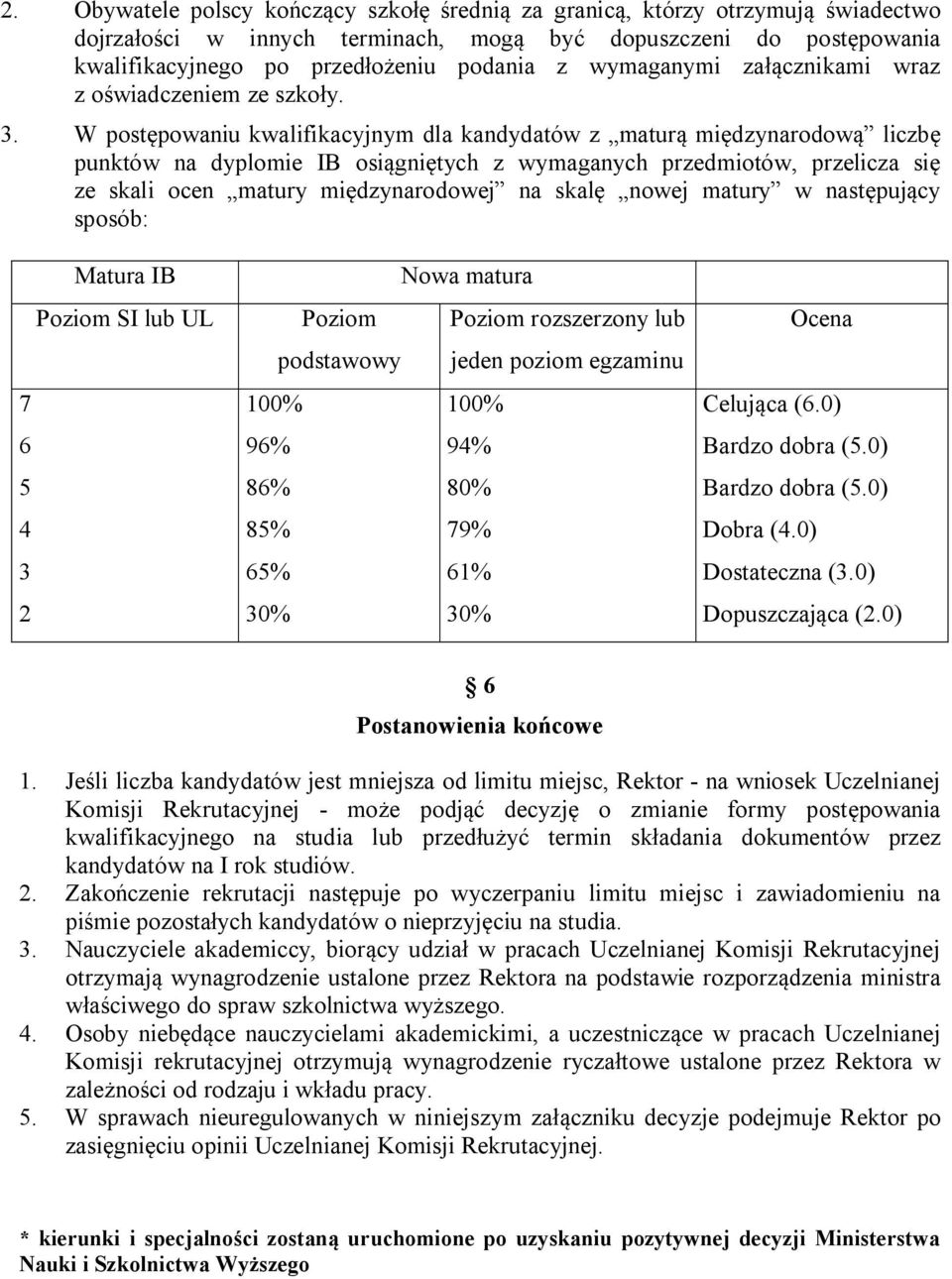 W postępowaniu kwalifikacyjnym dla kandydatów z maturą międzynarodową liczbę punktów na dyplomie IB osiągniętych z wymaganych przedmiotów, przelicza się ze skali ocen matury międzynarodowej na skalę