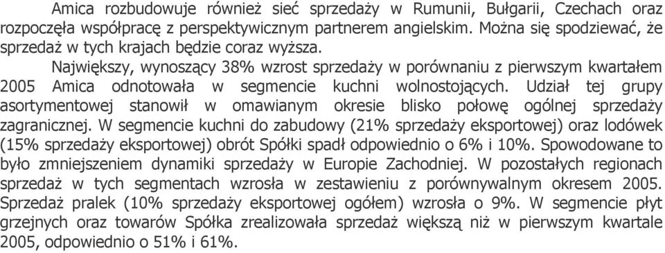 Największy, wynoszący 38% wzrost sprzedaży w porównaniu z pierwszym kwartałem 2005 Amica odnotowała w segmencie kuchni wolnostojących.