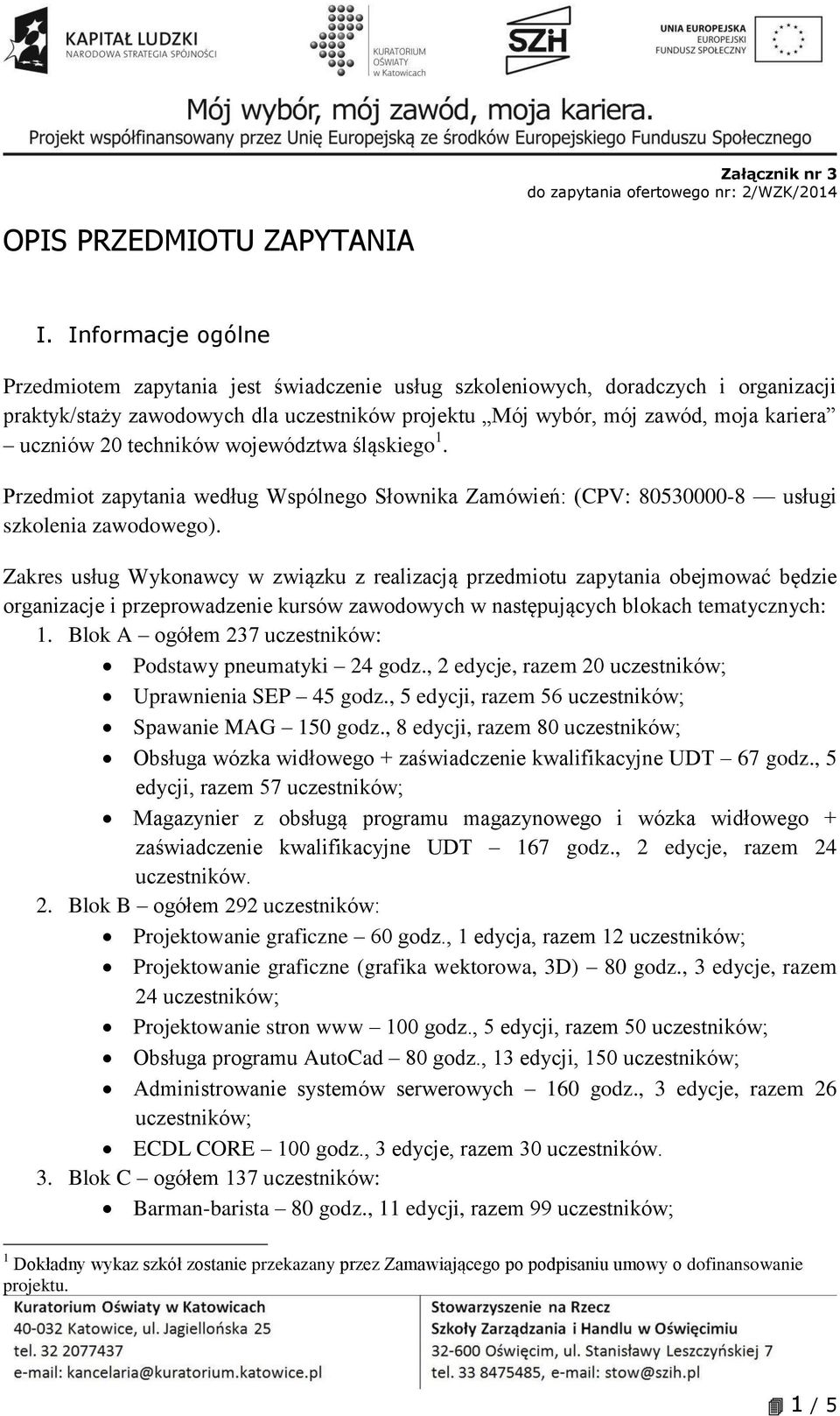 techników województwa śląskiego 1. Przedmiot zapytania według Wspólnego Słownika Zamówień: (CPV: 80530000-8 usługi szkolenia zawodowego).