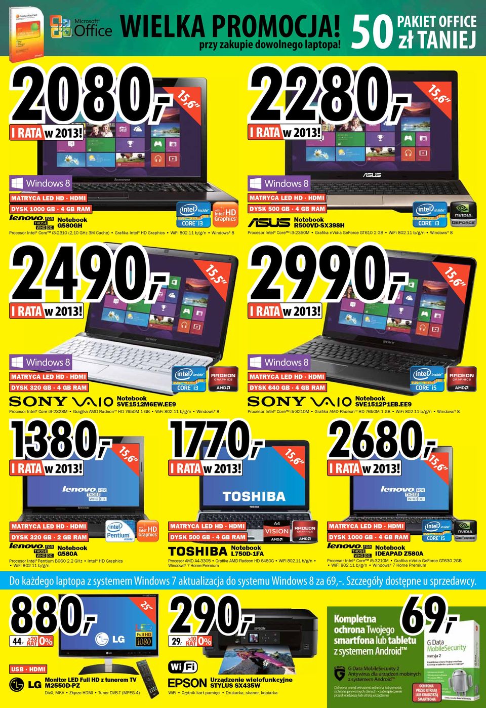 15,5 DYSK 500 GB 4 GB RAM R500VD-SX398H Procesor 2990, Intel Core i3-2350m Grafi ka nvidia GeForce GT610 2 GB WiFi 802.11 b/g/n Windows 8 I 32, RATA x10 w 0% 2013!