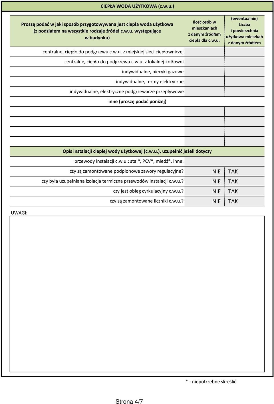 przepływowe inne (proszę podać poniżej) Ilość osób w mieszkaniach z danym źródłem ciepła dla c.w.u.