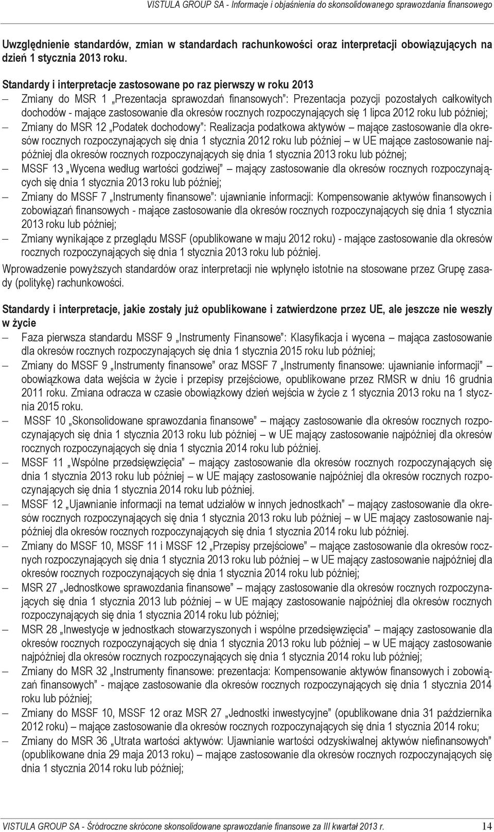 okresów rocznych rozpoczynających się 1 lipca 2012 roku lub później; Zmiany do MSR 12 Podatek dochodowy : Realizacja podatkowa aktywów mające zastosowanie dla okresów rocznych rozpoczynających się