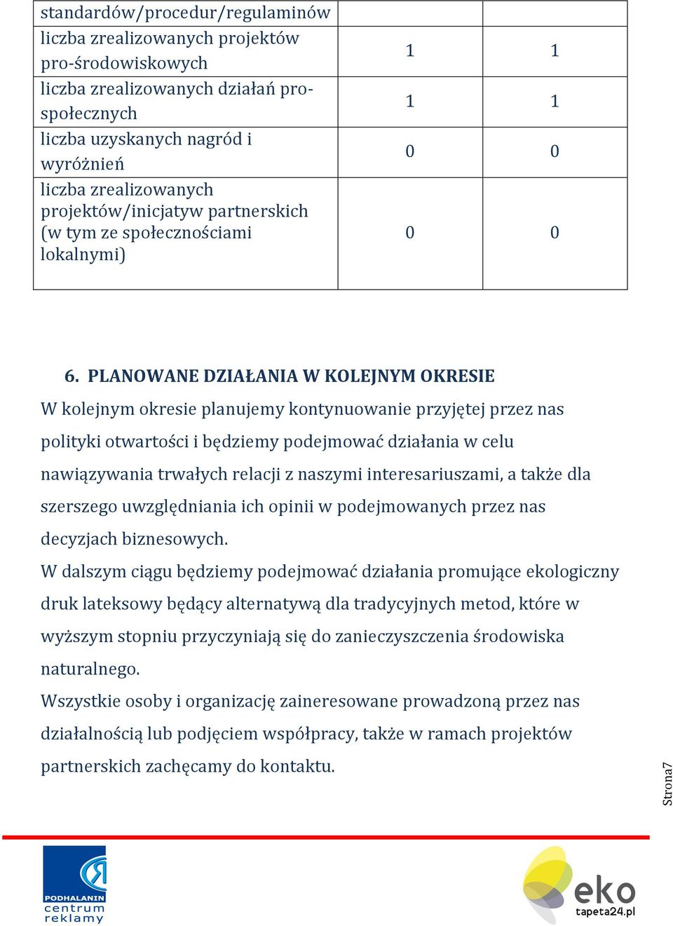 PLANOWANE DZIAŁANIA W KOLEJNYM OKRESIE W kolejnym okresie planujemy kontynuowanie przyjętej przez nas polityki otwartości i będziemy podejmować działania w celu nawiązywania trwałych relacji z