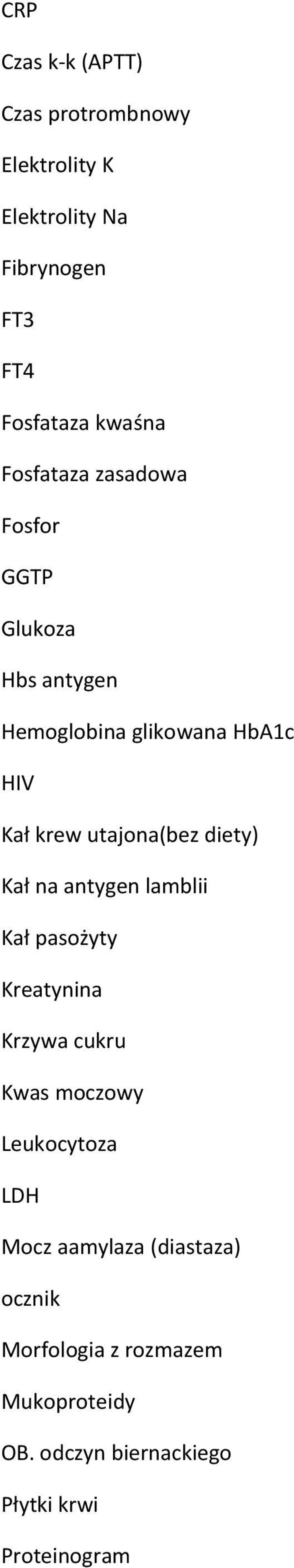 diety) Kał na antygen lamblii Kał pasożyty Kreatynina Krzywa cukru Kwas moczowy Leukocytoza LDH Mocz