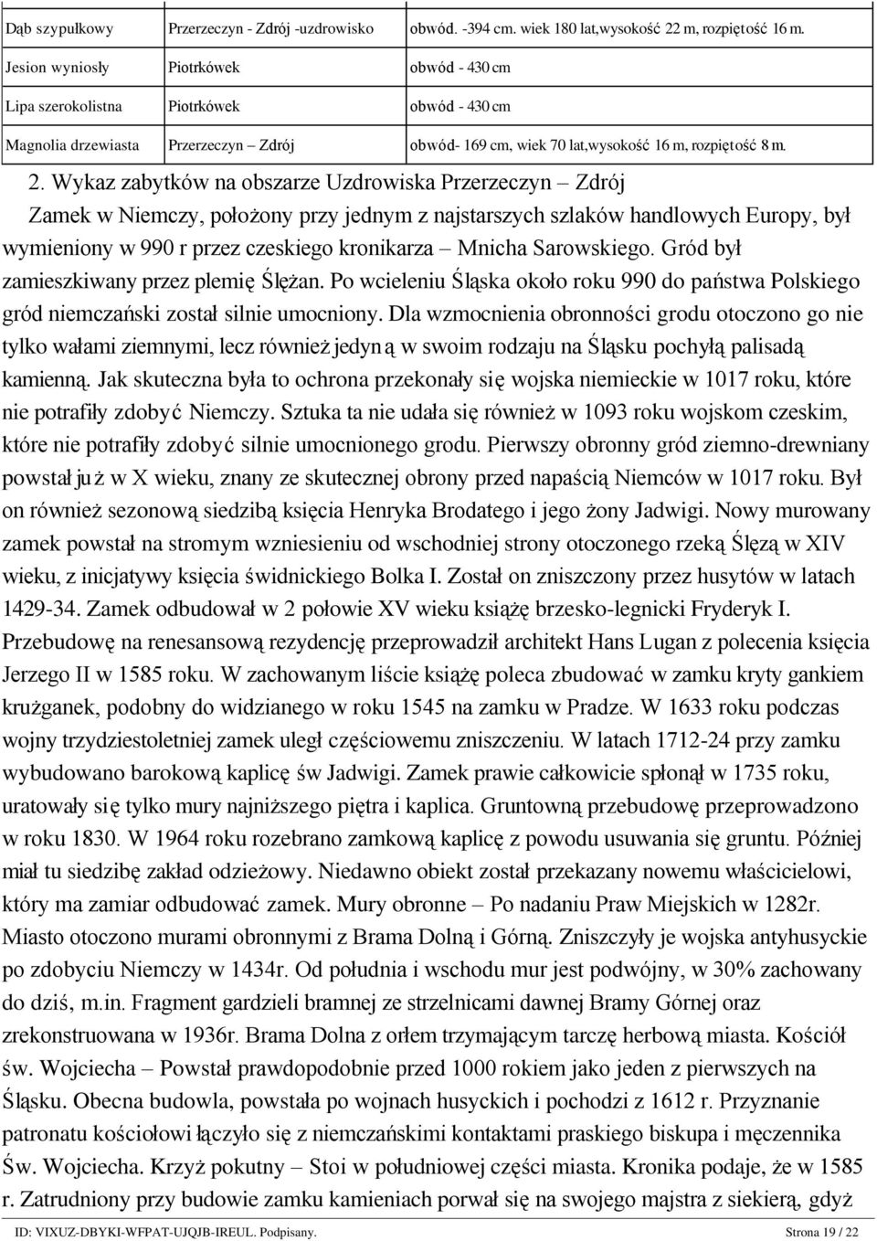 Jesion wyniosły Piotrkówek obwód - 430 cm Lipa szerokolistna Piotrkówek obwód - 430 cm Magnolia drzewiasta Przerzeczyn Zdrój obwód- 169 cm, wiek 70 lat,wysokość 16 m, rozpiętość 8 m. 2.