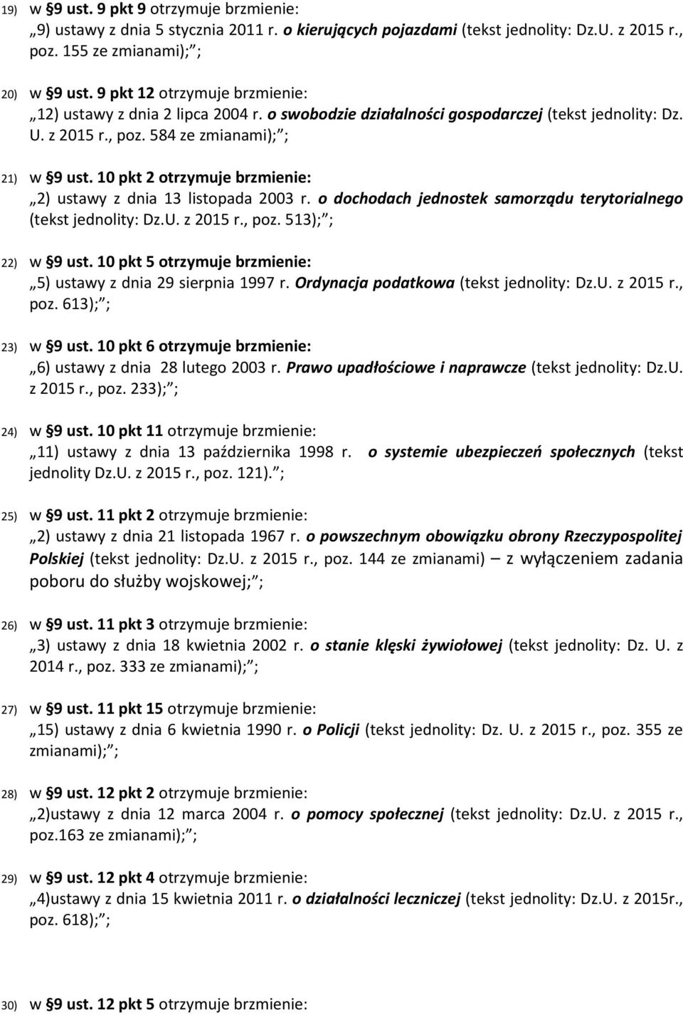 10 pkt 2 otrzymuje brzmienie: 2) ustawy z dnia 13 listopada 2003 r. o dochodach jednostek samorządu terytorialnego (tekst jednolity: Dz.U. z 2015 r., poz. 513); ; 22) w 9 ust.