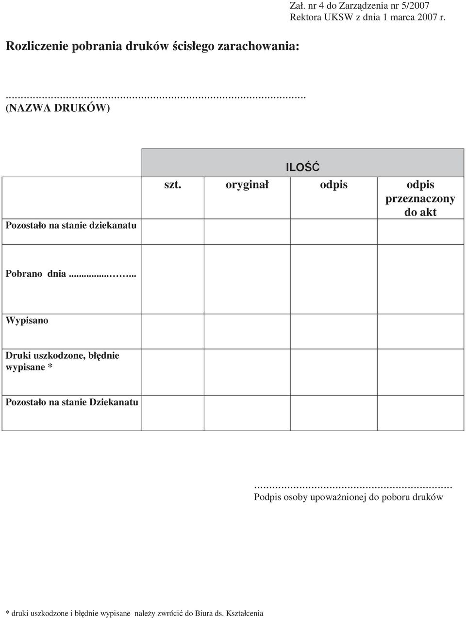 oryginał odpis odpis Pobrano dnia...... Druki uszkodzone, bł dnie wypisane *.