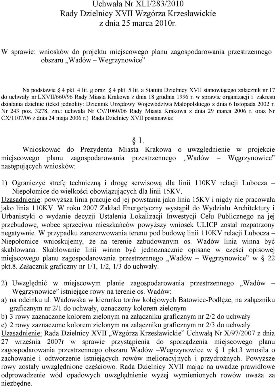 w sprawie organizacji i zakresu działania dzielnic (tekst jednolity: Dziennik Urzędowy Województwa Małopolskiego z dnia 6 listopada 2002 r. Nr 243 poz. 3278, zm.