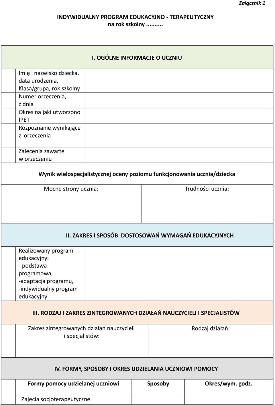 OGÓLNE INFORMACJE O UCZNIU Wynik wielospecjalistycznej oceny poziomu funkcjonowania ucznia/dziecka Mocne strony ucznia: Trudności ucznia: Realizowany program edukacyjny: - podstawa programowa,