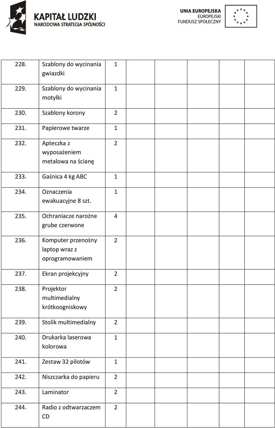 Ochraniacze narożne grube czerwone 36. Komputer przenośny laptop wraz z oprogramowaniem 37. Ekran projekcyjny 38.