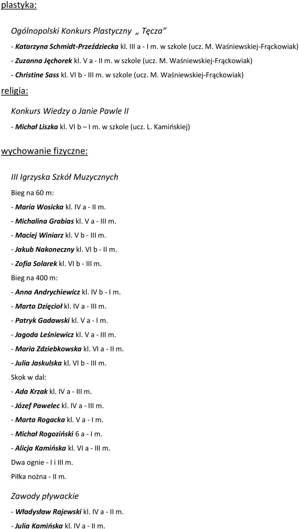 szka kl. VI b I m. w szkole (ucz. L. Kamioskiej) wychowanie fizyczne: III Igrzyska Szkół Muzycznych Bieg na 60 m: - Maria Wosicka kl. IV a - II m. - Michalina Grabias kl. V a - III m.