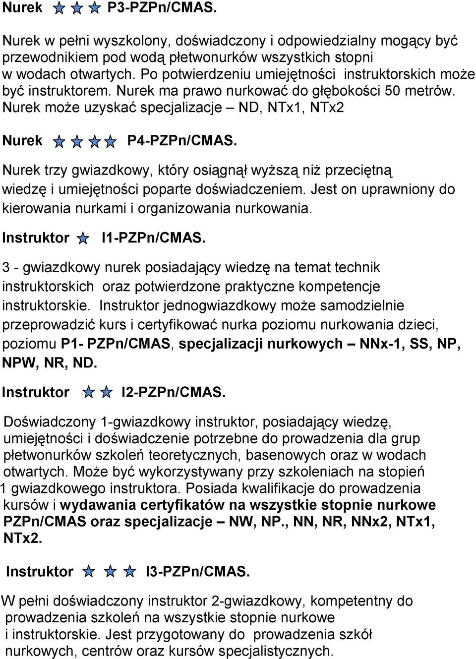 Nurek trzy gwiazdkowy, który osiągnął wyŝszą niŝ przeciętną wiedzę i umiejętności poparte doświadczeniem. Jest on uprawniony do kierowania nurkami i organizowania nurkowania. Instruktor I1-PZPn/CMAS.