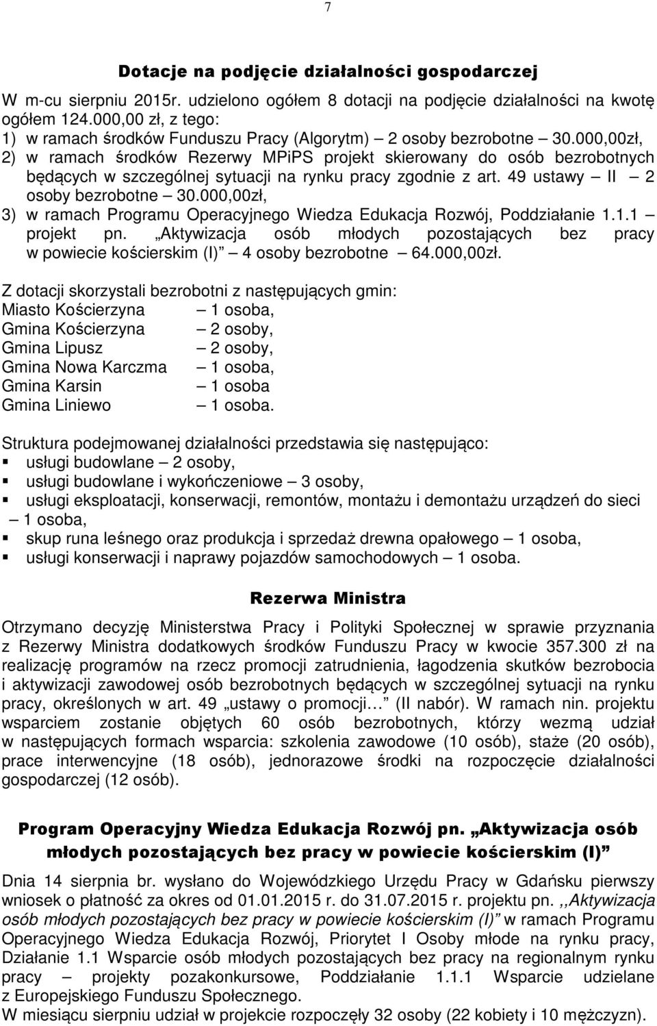 000,00zł, 2) w ramach środków Rezerwy MPiPS projekt skierowany do osób bezrobotnych będących w szczególnej sytuacji na rynku pracy zgodnie z art. 49 ustawy II 2 osoby bezrobotne 30.